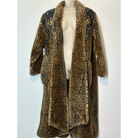 Vintage 80s Leopard Faux Fur Long Coat Embellished Western Glam Style Mob Wife L - Picture 1 of 12